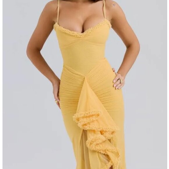 XS - House of CB London Yellow Ruffle Front Gown - Picture 5 of 5